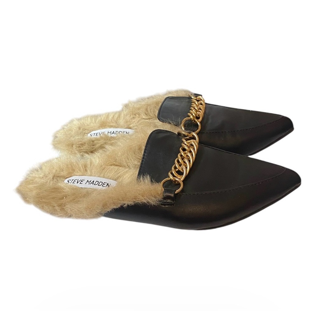 Steve Madden Black Fur Chain Loafers